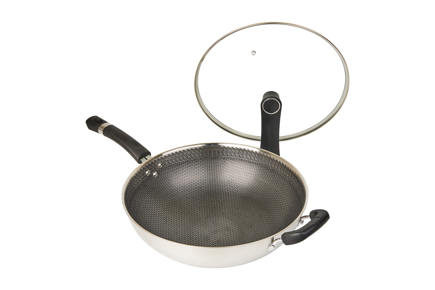 CF34C-CJ598 Steel Wok with Vitre Lid, Etching Non Stick coating, Scalpe repugnant, familia